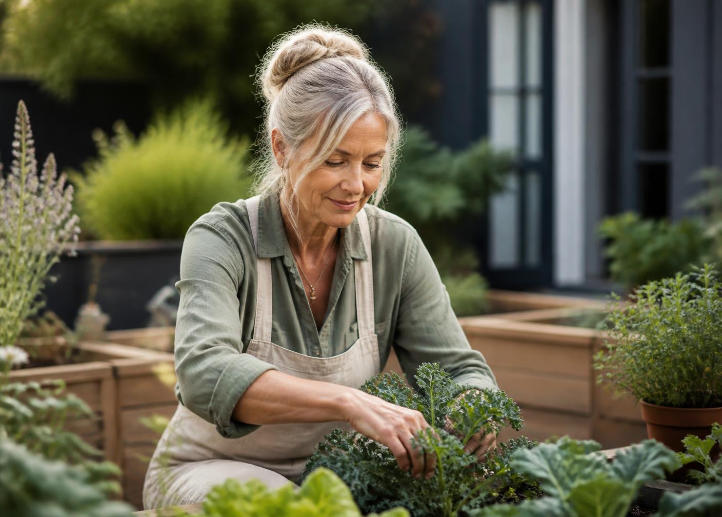 A woman in her late fifties tending vegetables in a raised garden bed